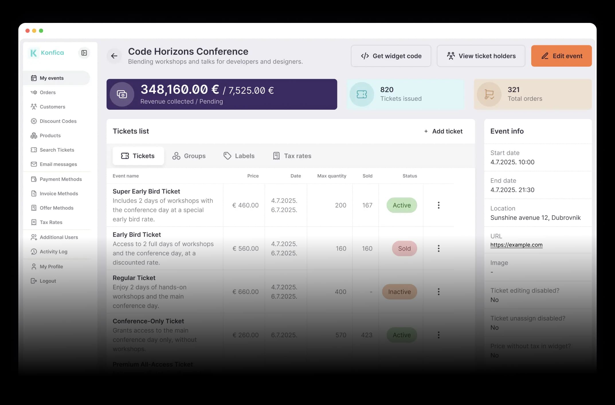 konfica ticketing dashboard